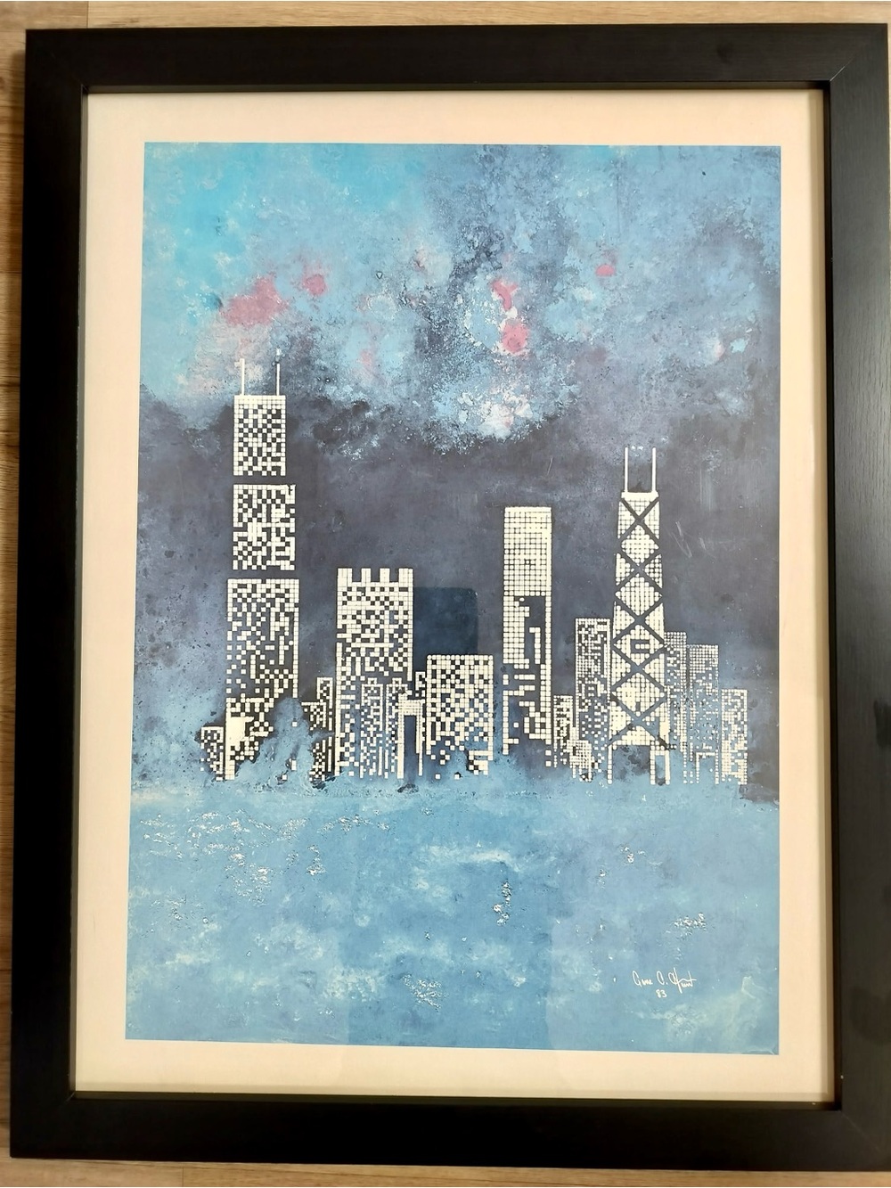 Vintage 1983 Chicago Skyline Print Gene C Hunt Signed Framed Art 20x26